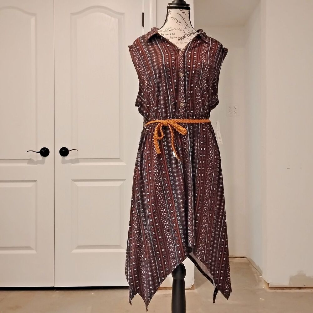 Women XXL Fit & Flare Sundress Sleeveless Midi V Neck Sharkbite Belt Shirtdress